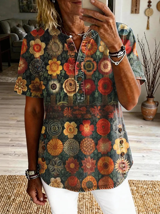 Women's Ethnic Floral Print Button-down Short-sleeved Shirt