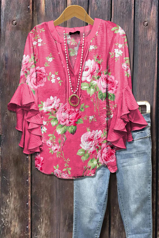 Elegant Rose Floral Print Ruffle Sleeve Top