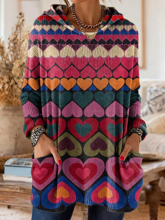 Women's Vintage Multicolor Love Art Prints Casual Knit With Pockets Hooded Top