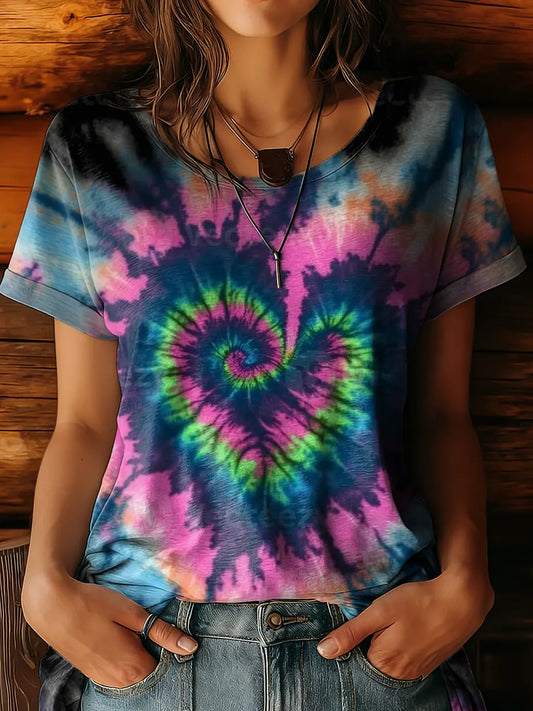 Women's Tie-dye Heart Pattern Art Print Crew Neck 100% Cotton T-shirt