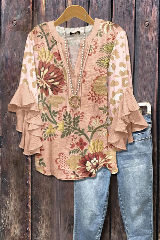 Chic Floral Print Ruffle Sleeve Top