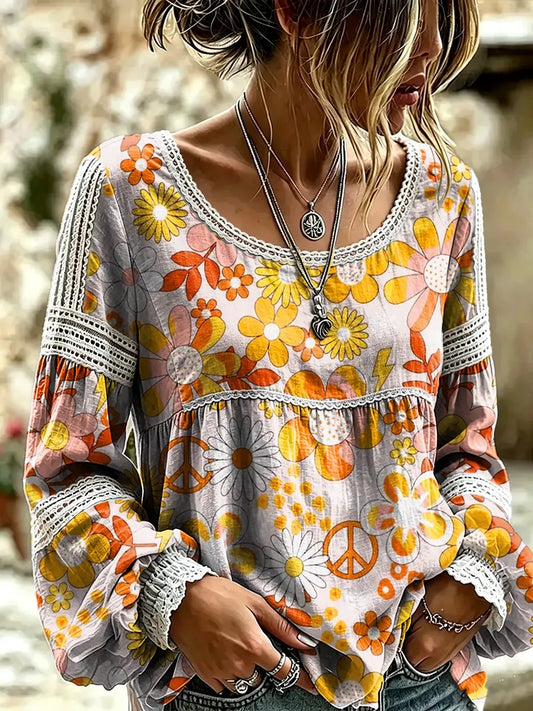Women's Boho Daisy Peace Sign Print Lace Trim Blouse