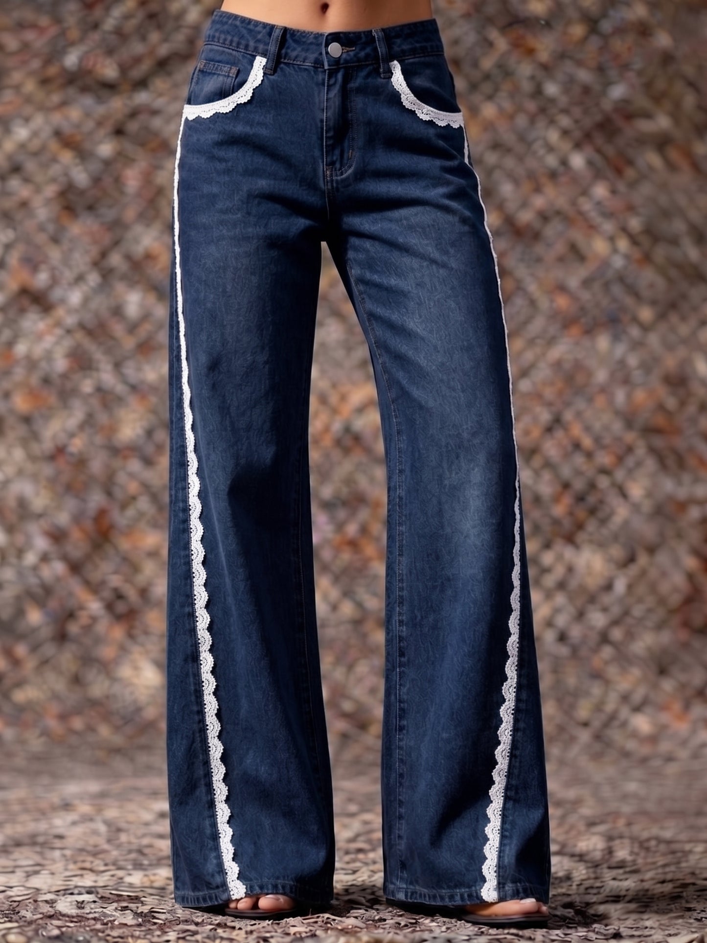 Women's Print Casual Lace Edge Denim Cotton Pants