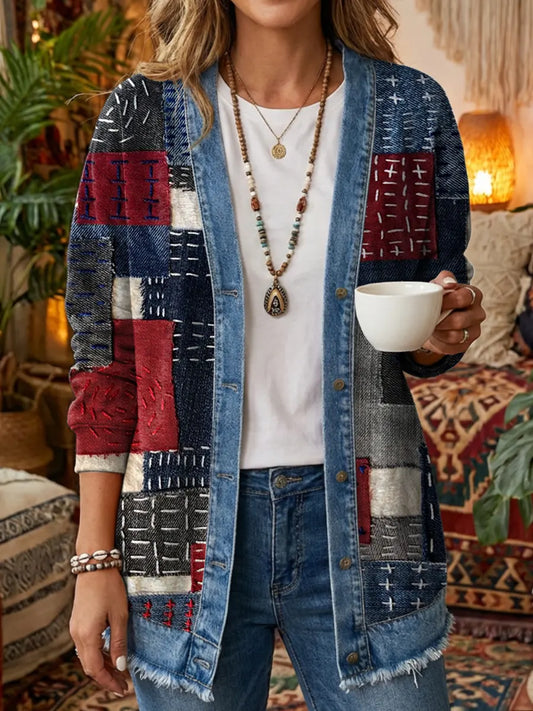 Women's Vintage Patchwork Pattern Art Print Casual Long-sleeve Shirt Jacket