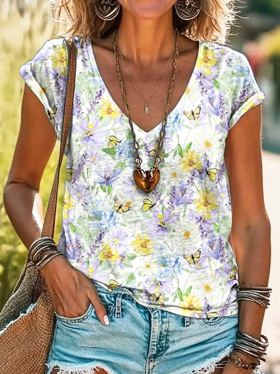 Women's Butterfly Floral Print V-Neck Cotton T-Shirt