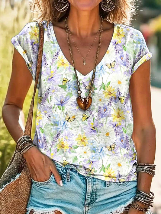 Women's Butterfly Floral Print V-Neck Cotton T-Shirt