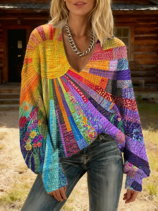 Women's Bohemian Patchwork Sun-printed Artistic V-neck Knit Top