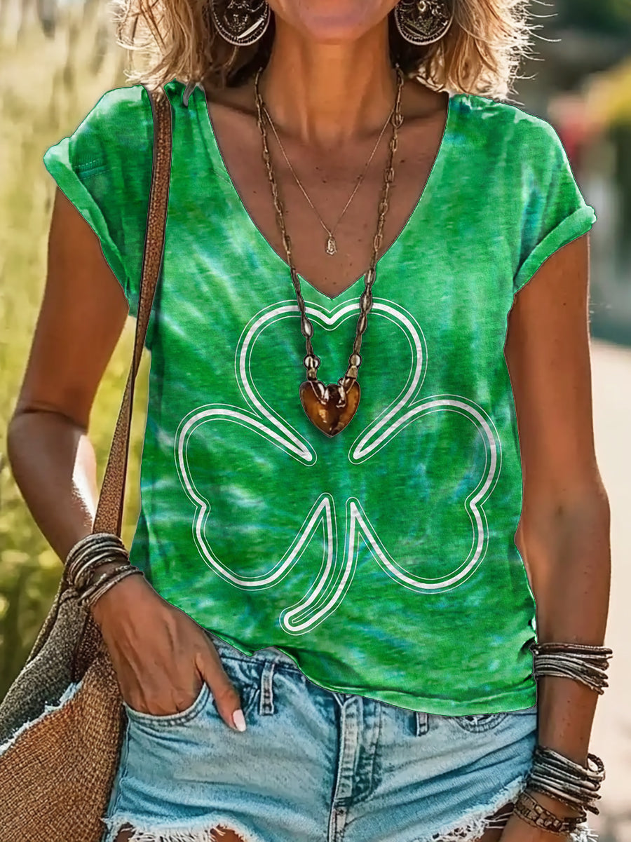 Women's Saint Patrick's Day Green Tie Dye Print Cotton V-neck T-Shirt