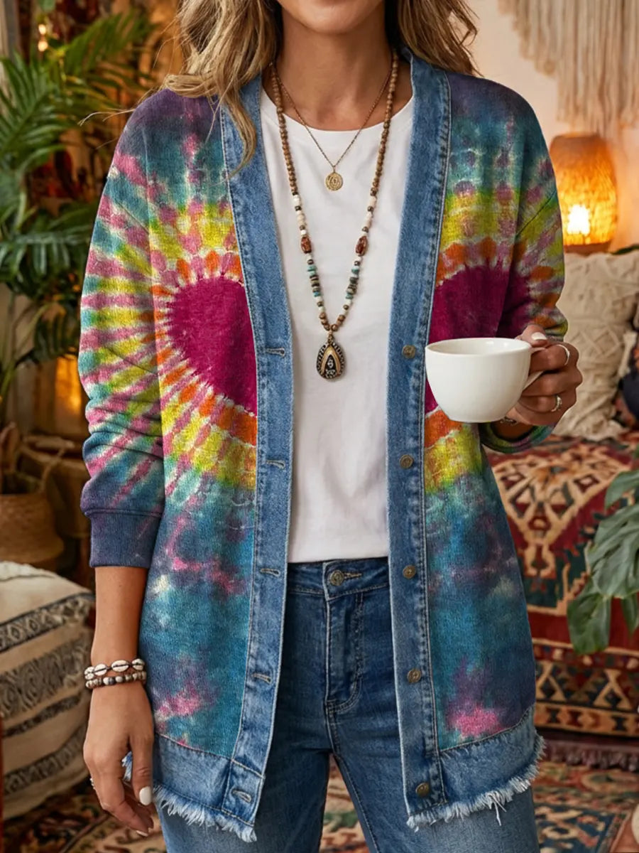 Ethnicity Colorful Tie Dye Love Women's Art Print Casual Long Sleeve Denim Patchwork Shirt Coat