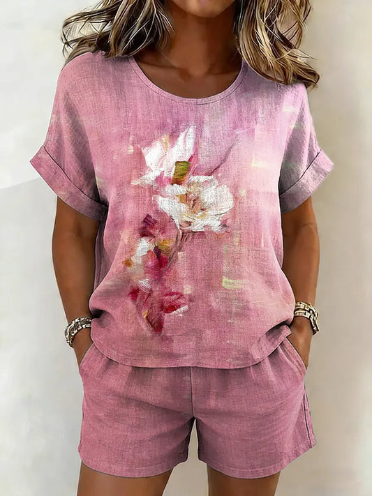 Women's Floral Art Print Shirt & Shorts Two-Piece Set