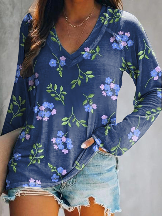 Women's Casual Vintage Floral Art Print V Neck Long Sleeve Tops