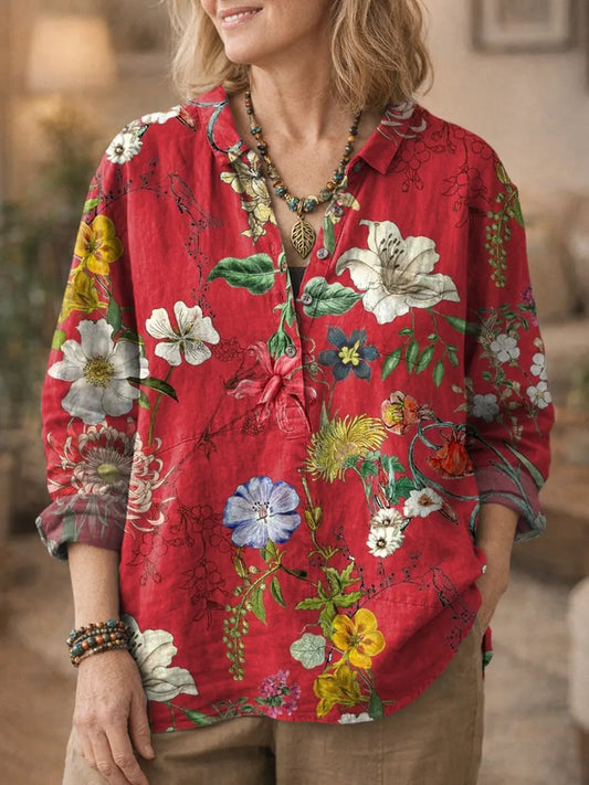 Ethnicity Flowers Red Women's Print Casual Cotton And Linen Shirt