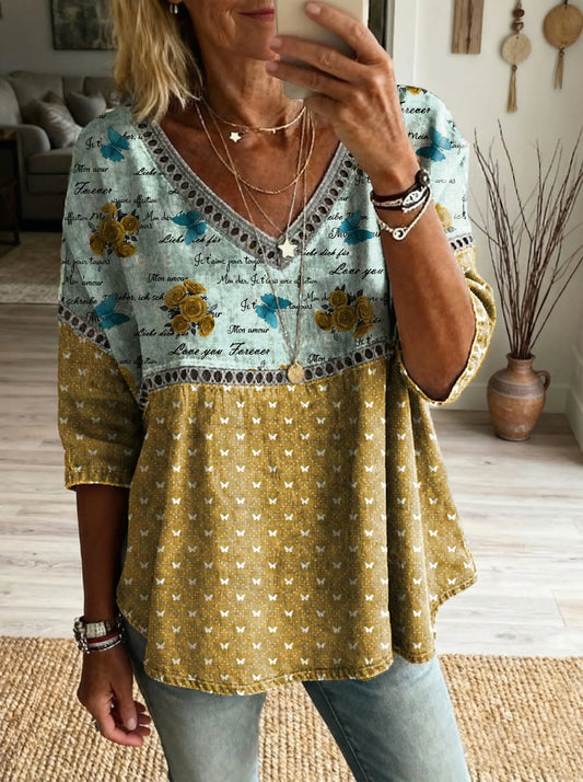 Women's Floral Pattern Art Print Casual V-neck Lace-up Top