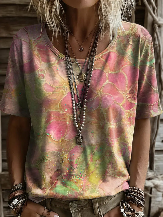 Ethnicity Flowers Geometry Women And Men's Vintage Art Print Casual T-shirt