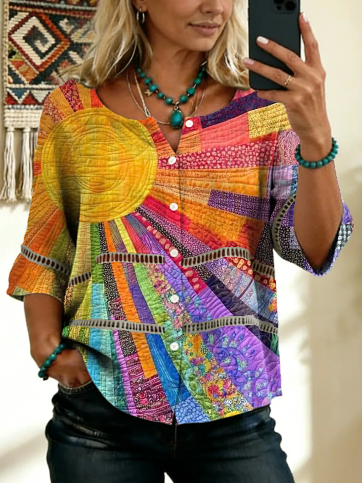 Women's Bohemian Patchwork Sun-printed Artistic Short-sleeve Shirt With Tie-front And Button Closure
