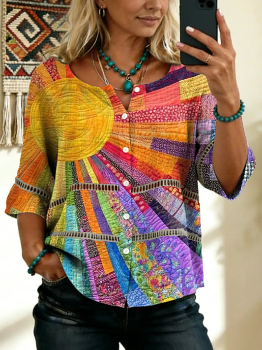 Women's Bohemian Patchwork Sun-printed Artistic Short-sleeve Shirt With Tie-front And Button Closure