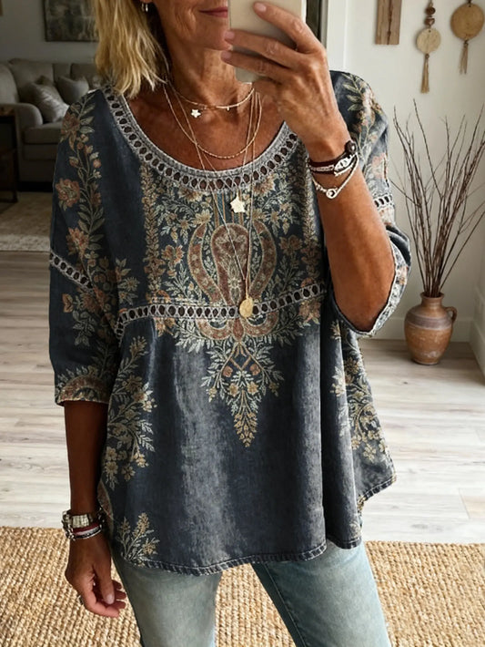 Retro Totem Flowers Women's Art Print Casual Round Neck Cutout Top
