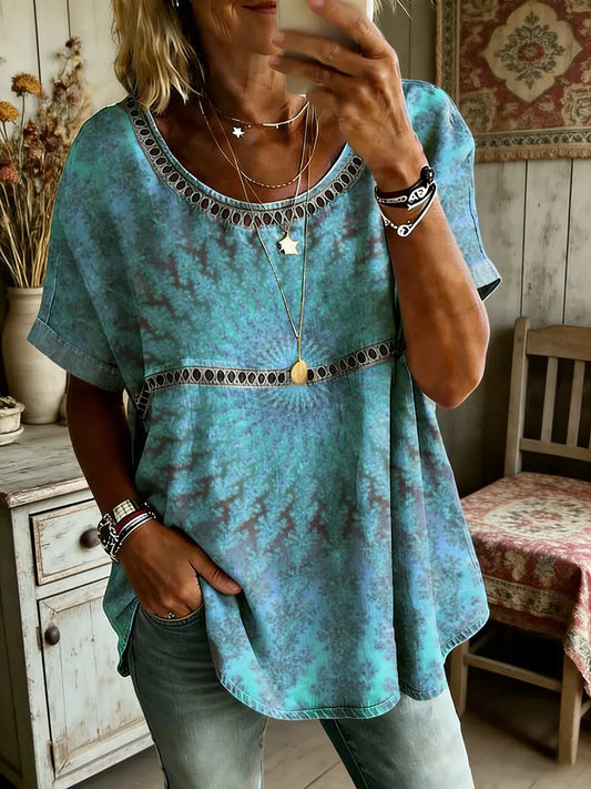 Women's Kaleidoscope Art Print Round Neck Hollow-out Shirt