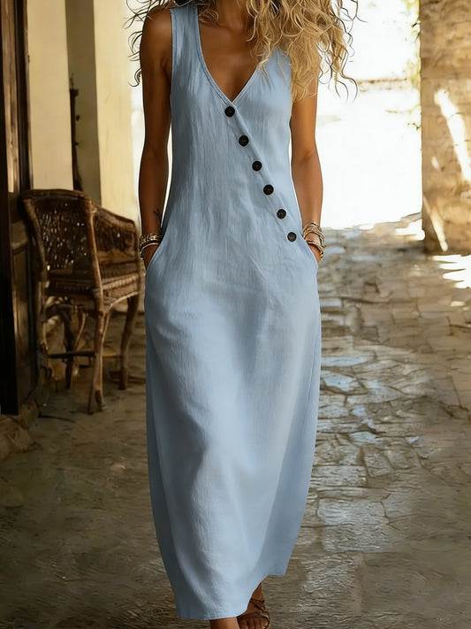 Women's Casual Sleeveless V-neck Cotton Linen Dress