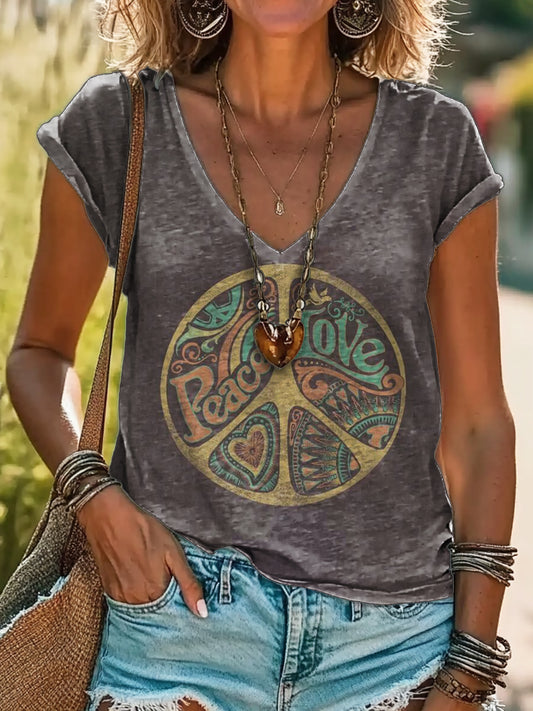 Women's Hippie Graphic Art Print Cotton V Neck T-Shirt