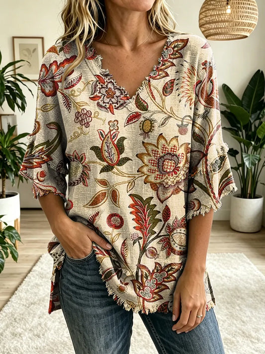 Women's Folk Floral Art Print V-Neck Tassels Cotton Top
