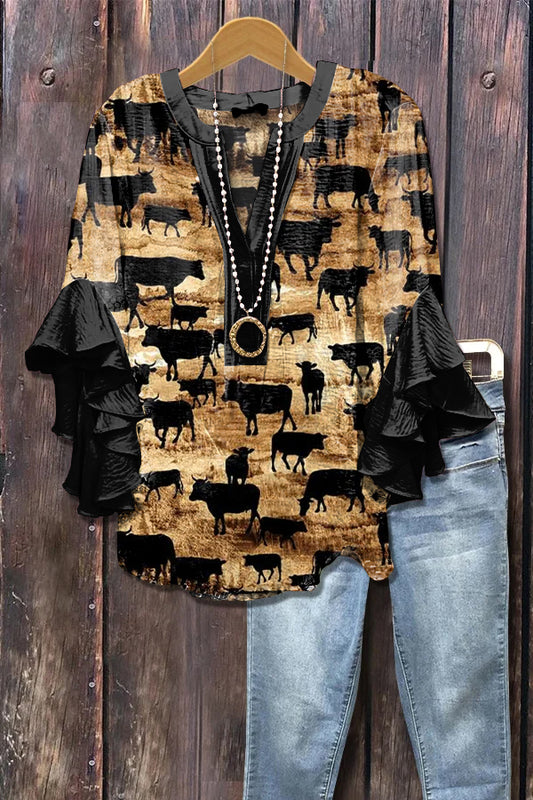 Vintage Western Horse Print Ruffle Sleeve Top
