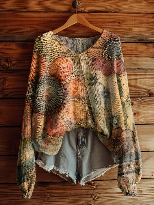 Women's Vintage Sunflower Floral Art Pattern Print Casual V Neck Pullover Sweater