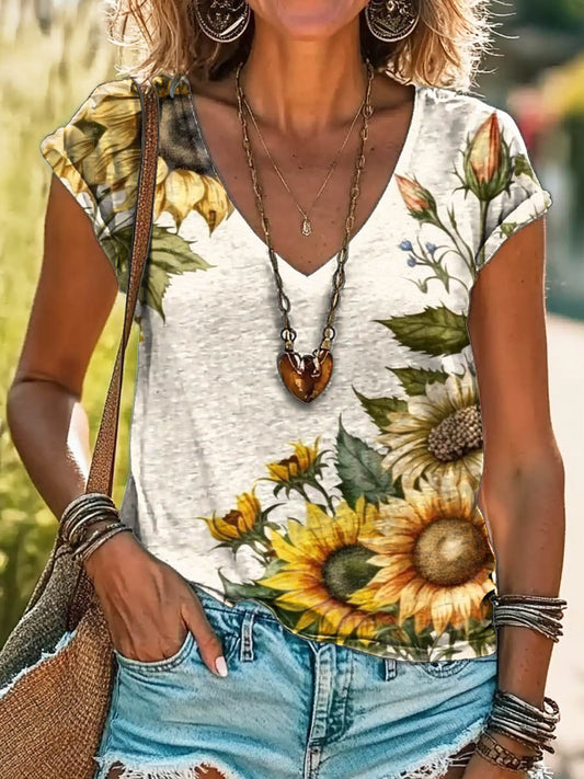 Women's Sunflower Art Print Cotton V-neck T-Shirt