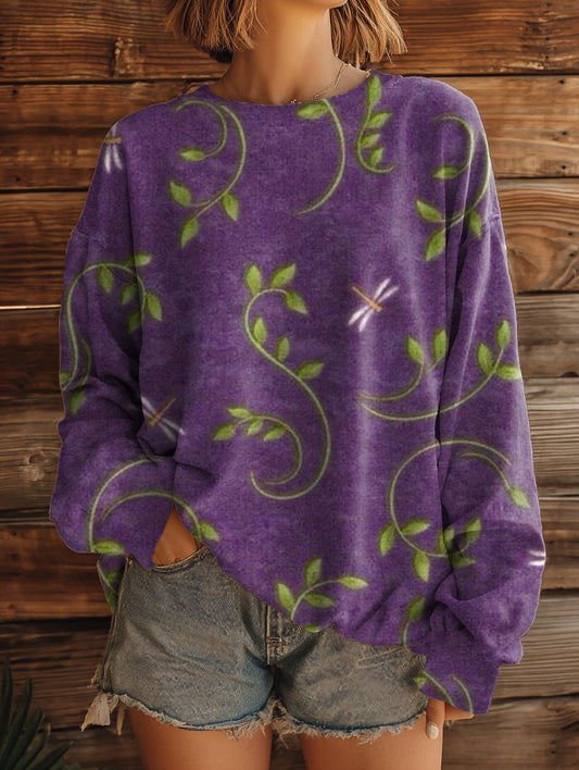 Women's Vintage Floral Dragonfly Art Pattern Print Casual Crew Neck Sweatshirt