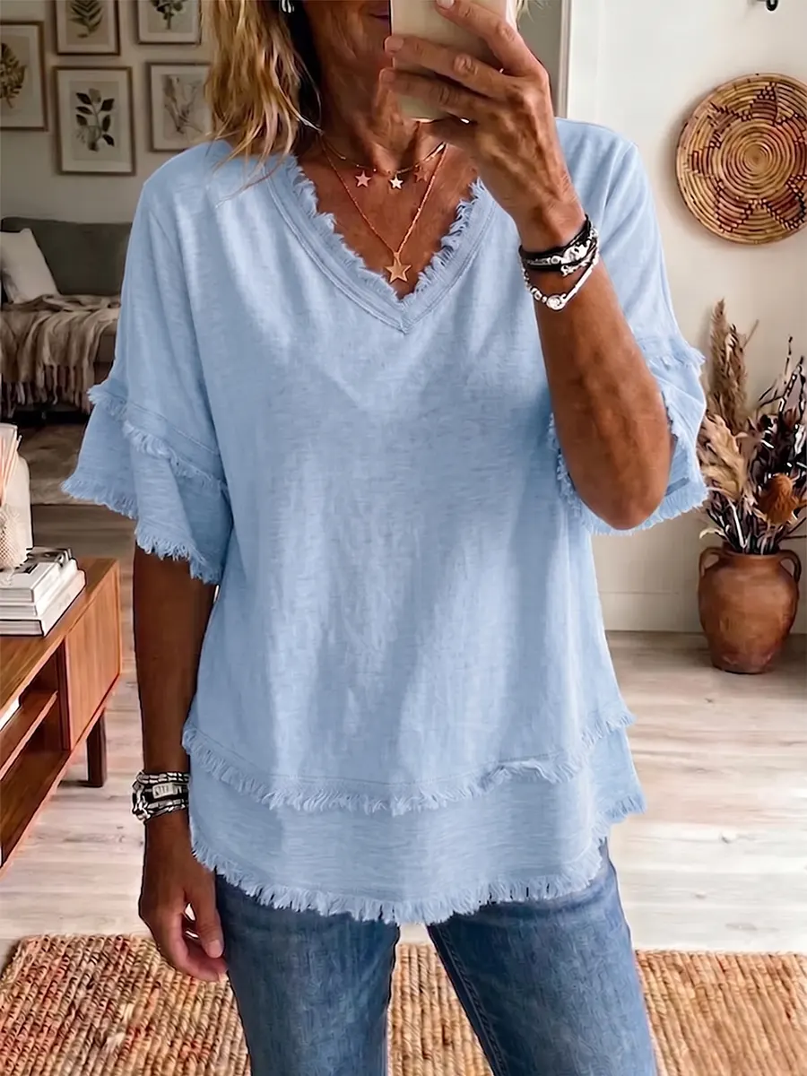 Women's Art Casual V- Collar Mixed Cotton Shirt