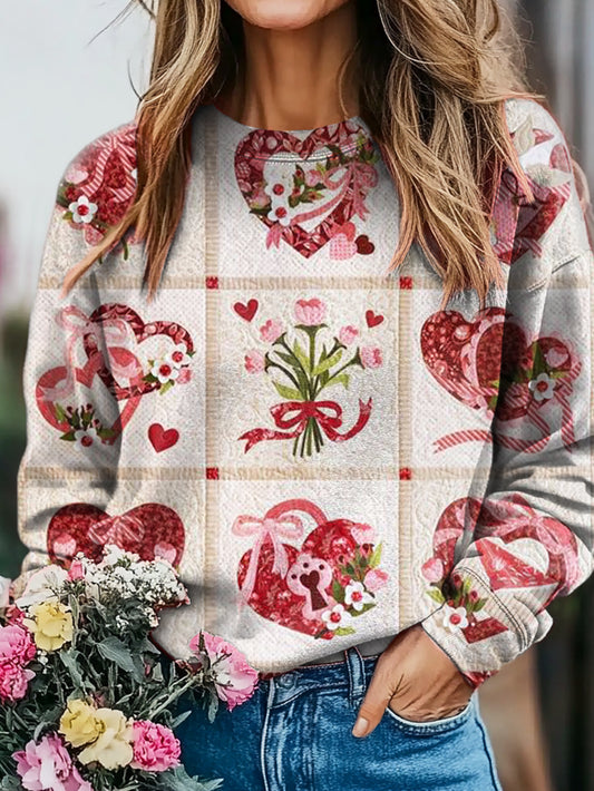 Valentine's Day Patchwork Art Print Casual  Sweatshirt