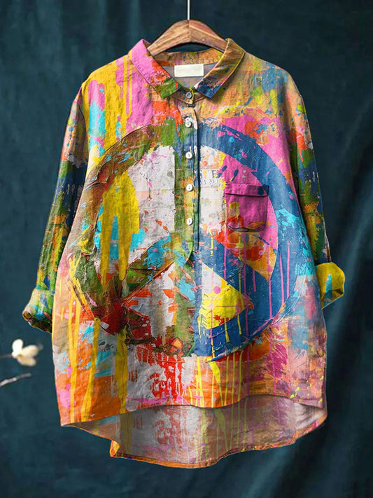 Women's Vintage Vibrant Peace Symbol Art Print Casual Cotton And Linen Shirt