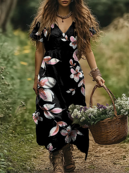 Women's Floral Pattern Art Print Pocket Cotton Dress