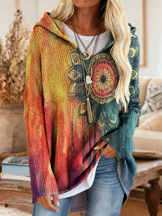 Women's Colorful Mandala Art Pattern Print Casual Knitted Hooded Tunic Top