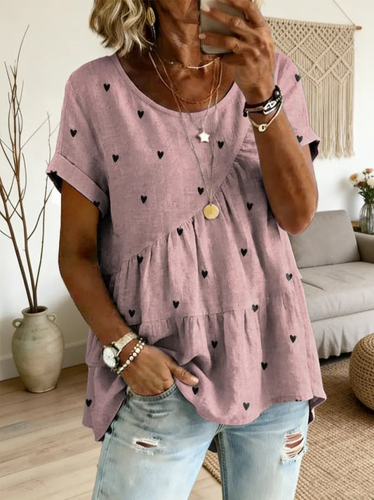 Ethnicity Pink Love Women's Art Print Round Neck Loose Short-sleeved Shirt – Side Tether