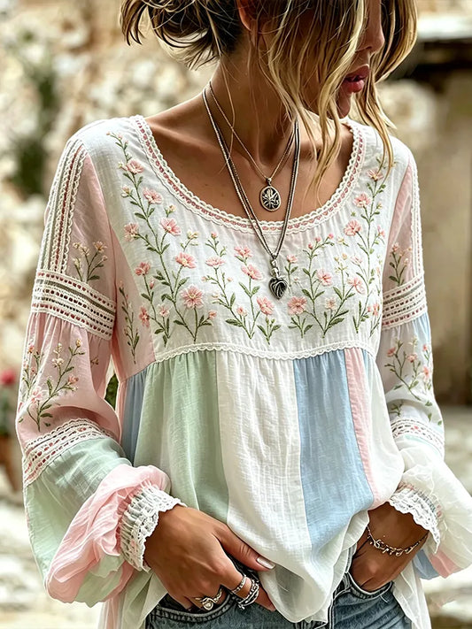 Women's Pastel Floral Print Lace Trim Blouse