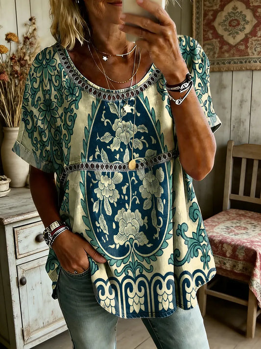 Women's Folk Floral Art Print Round Neck Short Sleeve Hollow-Out Shirt