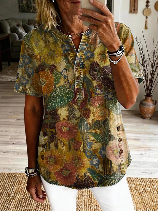 Women's Retro Floral Print Button-Down Short-Sleeve Shirt