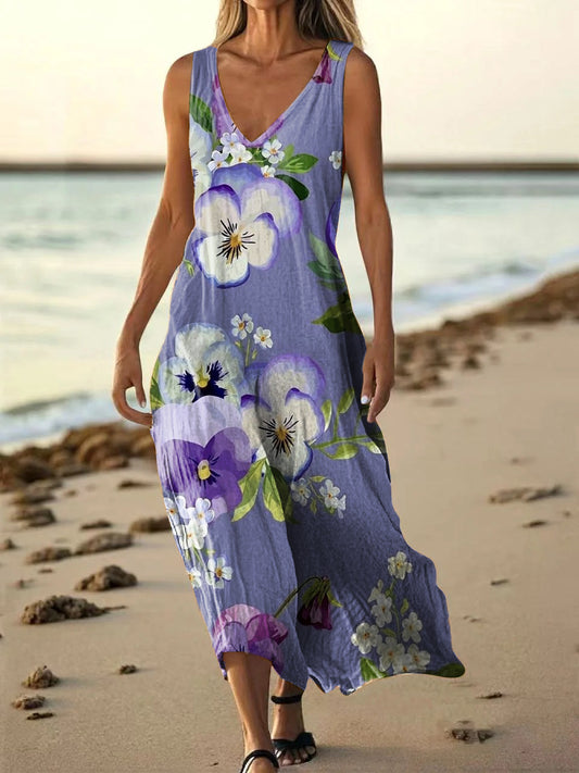 Women's Vintage Floral Art Print Sleeveless V Neck Pocket Cotton Dress