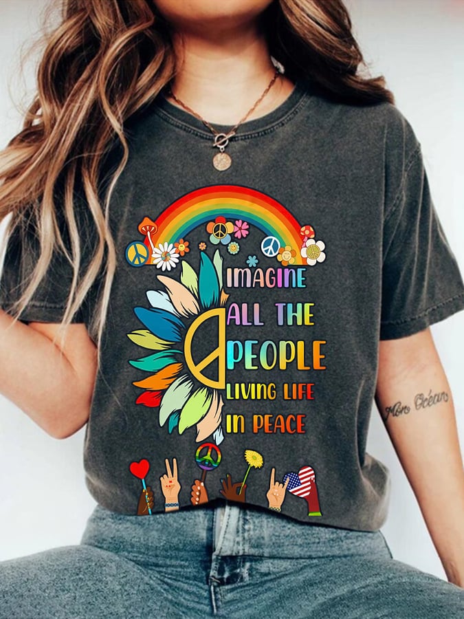 Retro Hippie Imagine All The People Living Life In Peace Print T-Shirt