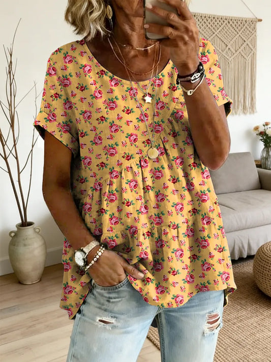 Ethnicity Bohemian Style Flowers Women's Art Print Round Neck Loose Short-sleeved Shirt – Side Tether