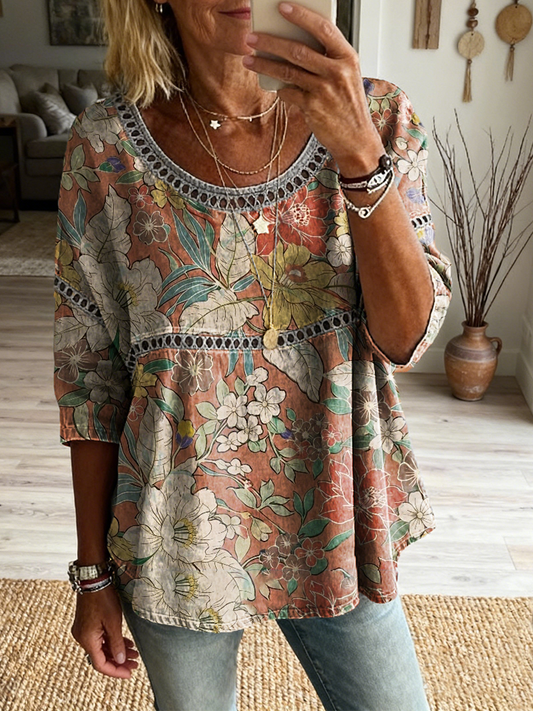 Women's Retro Floral Art Print Casual Round Neck Linen Shirt