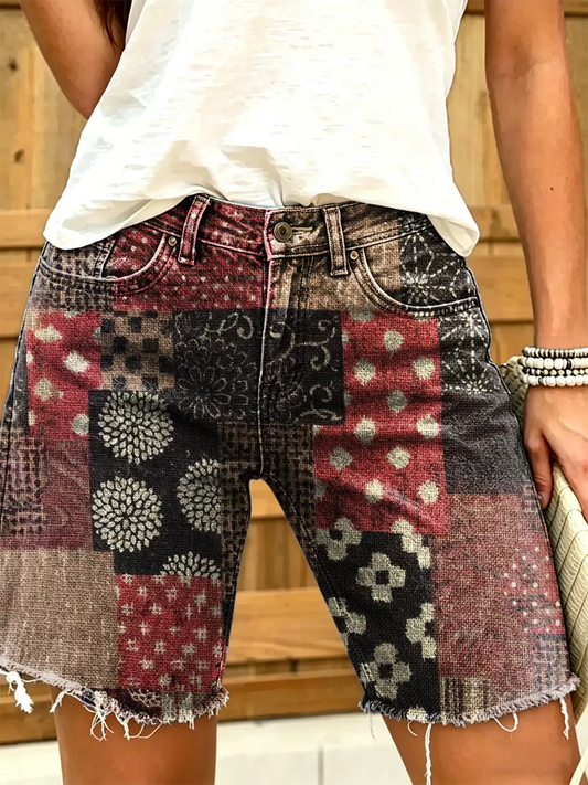 Women's Vintage Floral Print Denim Shorts