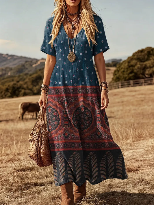 Women's Vintage Ethnic Art Print V-Neck Short-Sleeve Pockets Cotton Dress