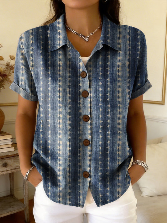 Women's Retro Ethnic Striped Art Print Casual Short-sleeve Cardigan Shirt