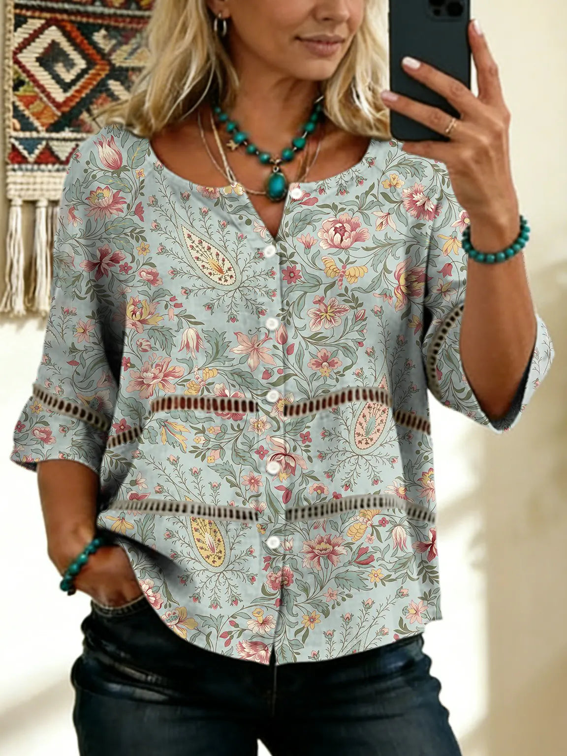 Women's Vintage Floral Art Print Tie-front Button-up Short-sleeve Shirt