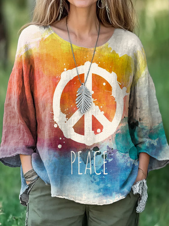 Women's Hippie Art Print Casual Cotton And Linen Shirt