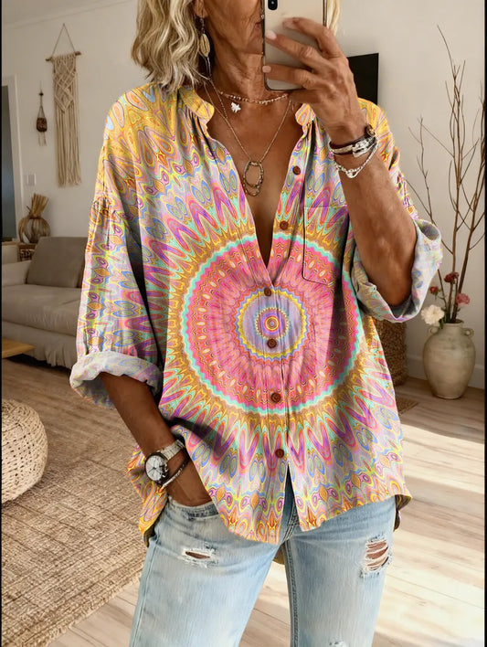 Ethnicity Kaleidoscope Totem Women's Vintage Art Print Casual Shirt