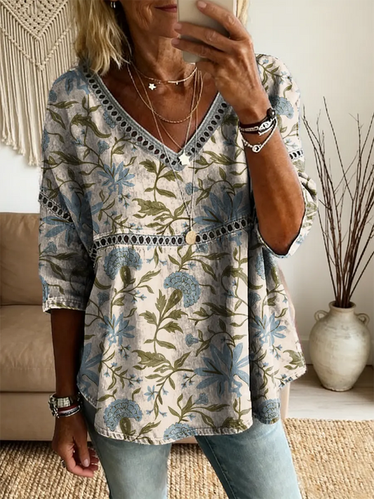 Women's Retro Floral Art Print V-Neck Lace Shirt