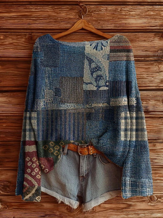 Women's Ethnic Floral Embellished Patchwork Pattern Art Print Casual Pullover Sweater